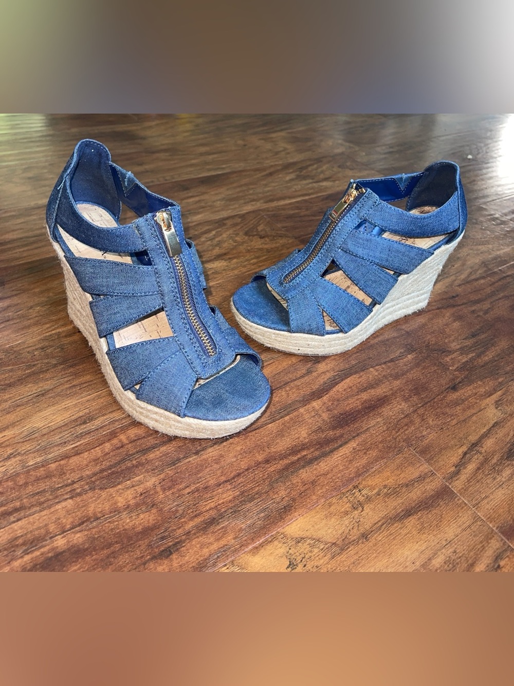 Denim Wedge Sandals with Gold Zip
